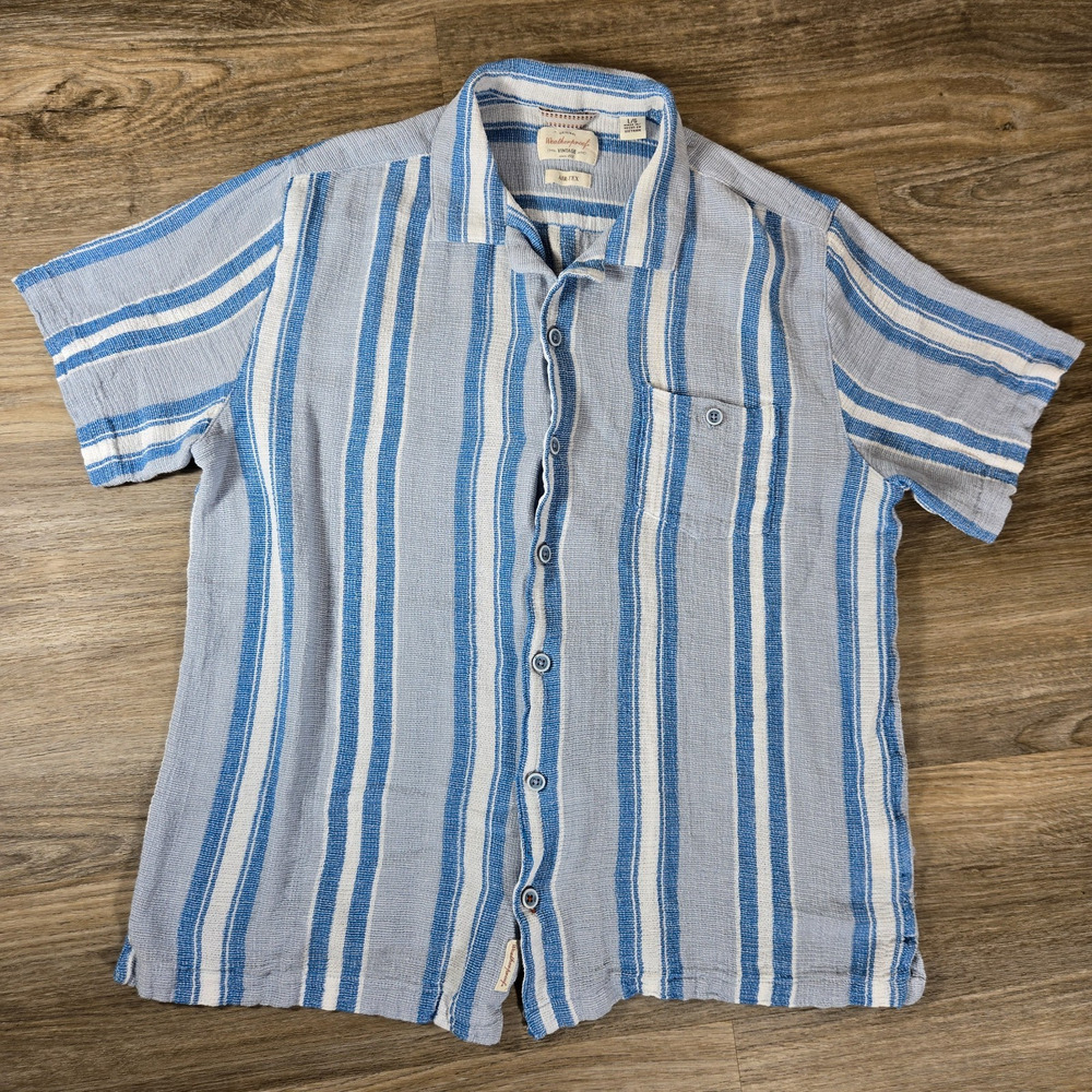 Weatherproof Vintage Shirt Mens L Blue Stripe Linen Blend Short Sleeve Button Up